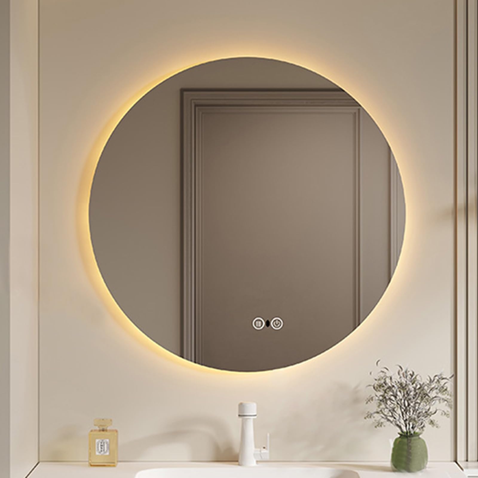 Okrągłe lustro łazienkowe LED, lustro LED przeciwmgielne, bezstopniowe ściemnianie, lustro łazienkowe z pamięcią ze światłami, inteligentne lustro z dotykiem (kolor: ciepła mgła, rozmiar: 80 cm)