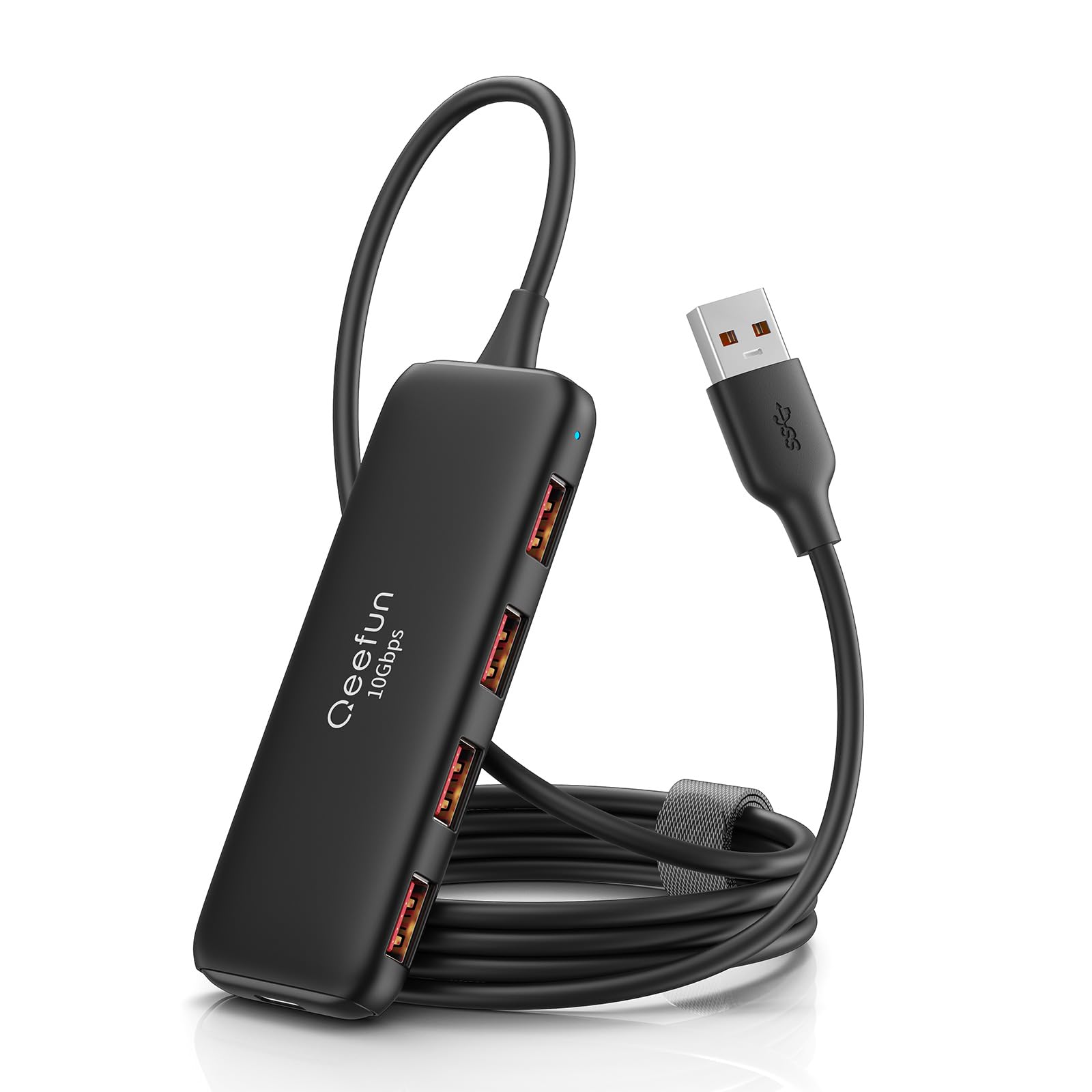 Qeefun 10Gbps USB 3.2 Hub with 4 USB A Data Ports, USB 3.2 Gen 2 Splitter, 4ft Extended Long Cable and Type-C Power Port, USB multiport Adapter for pc, Laptop, iMac, Mac mini, Dell XPS and More