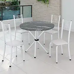 Conjunto de Jantar Mesa Tampo Redondo de Granito Topázio com 4 Cadeiras Sara Yescasa Branco Liso/branco