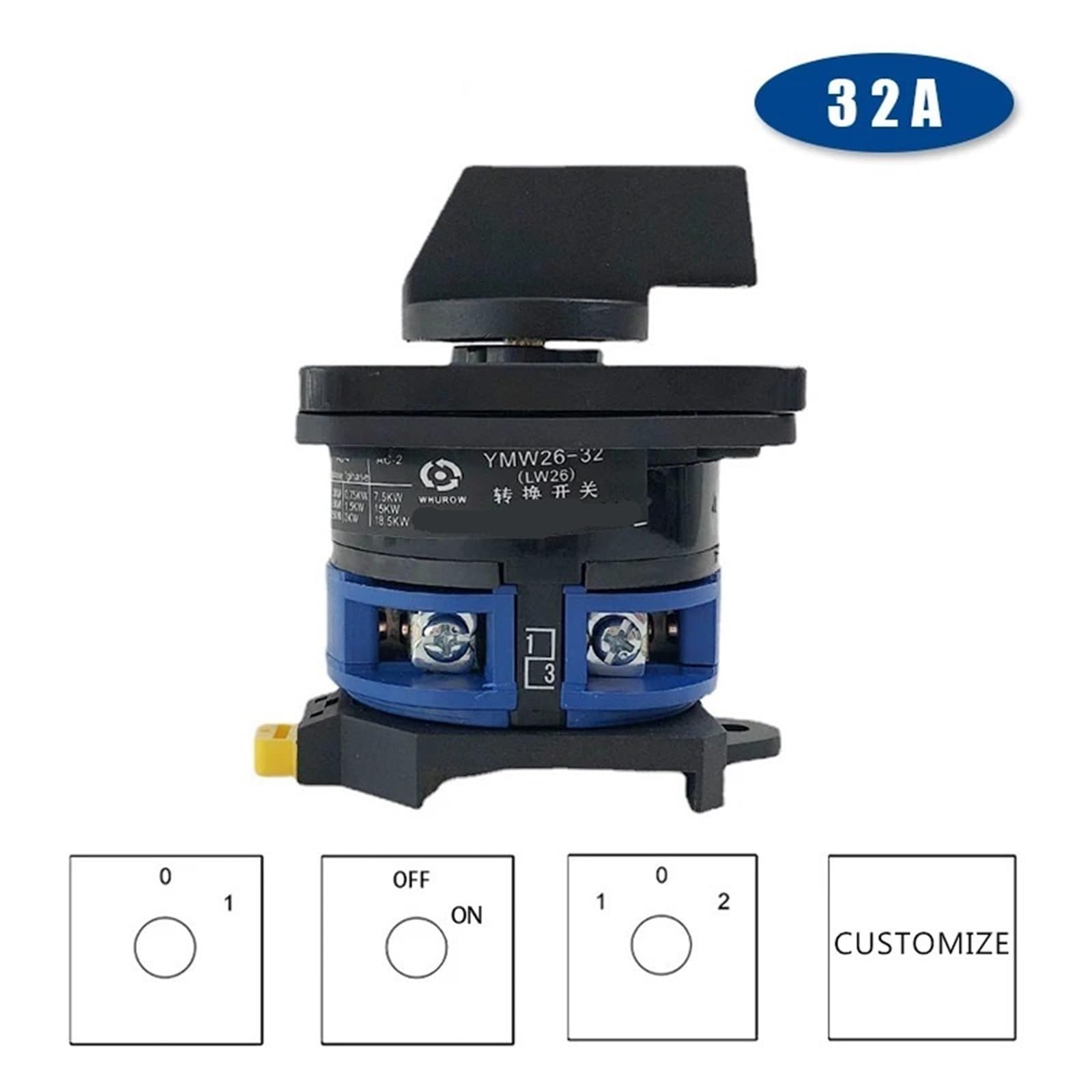 LW28 YMW26 LW26-32/1DIN Interruptor de leva giratorio de cambio montado en riel 690V 32A selector de 1 polo, motor de control de contacto plateado (0-1)