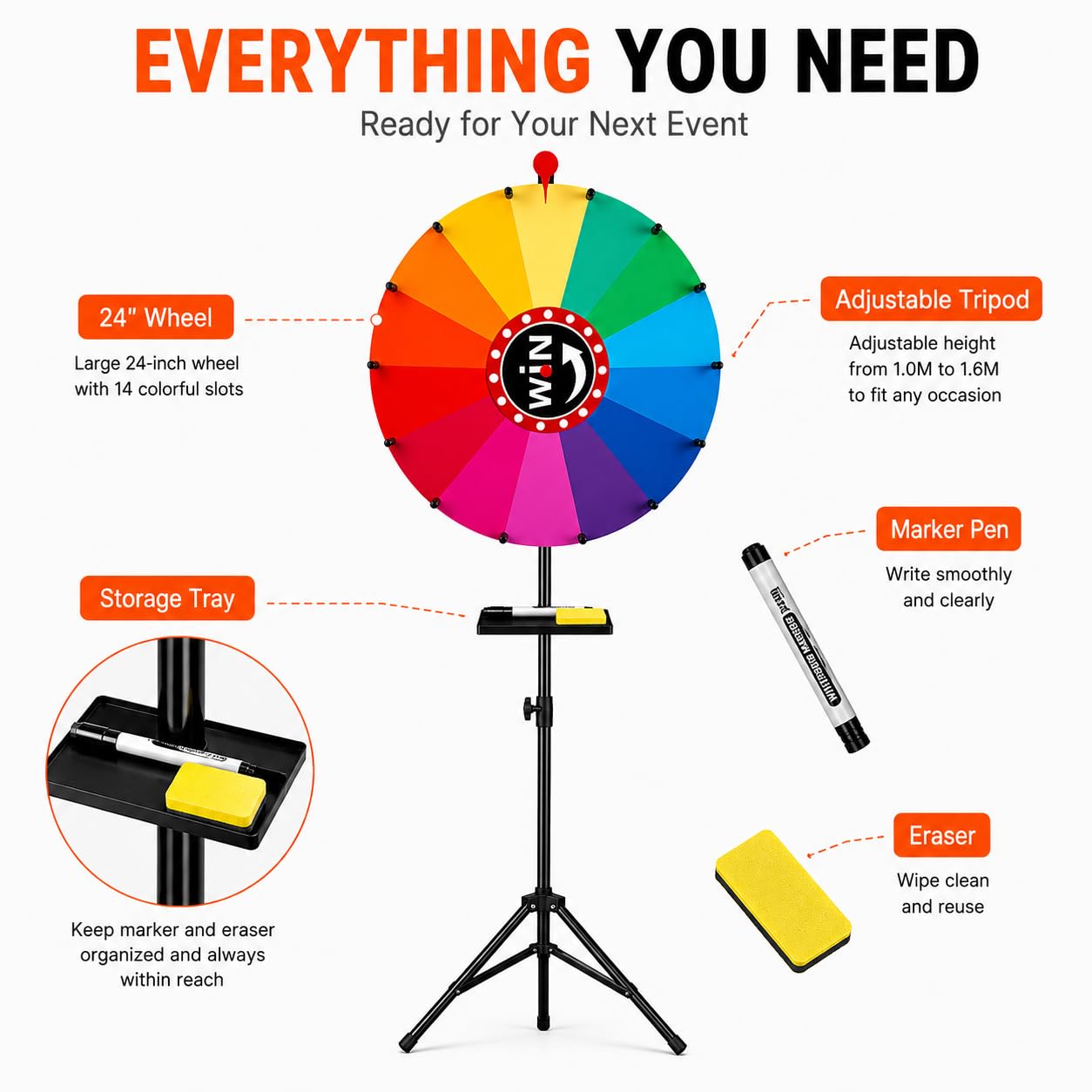 Spin the Wheel Roue avec support 61 cm Roue de prix réglable 14 | Tirage de loterie, design rotatif