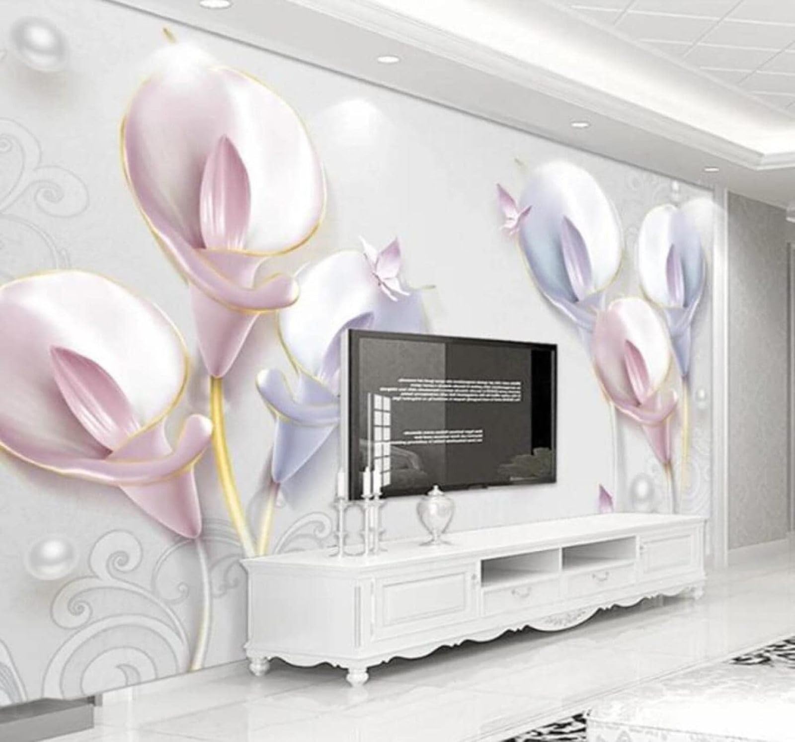 Xlming 400Cm×280Cm(B×H) Relief Three Dimensional Pink Calla Lily Butterfly 3D Wallpaper Luxury Silk Study Dining Feature Sofa Grey Bedroom Living Room Tv Decorative Wall-400Cm×280Cm