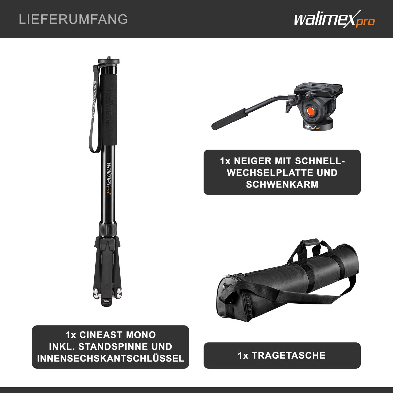 Walimex Pro Monopiede fotografico Director Carbon, regolabile in altezza fino a 191 cm, con testa video a 2 direzioni con ammortizzazione fluida