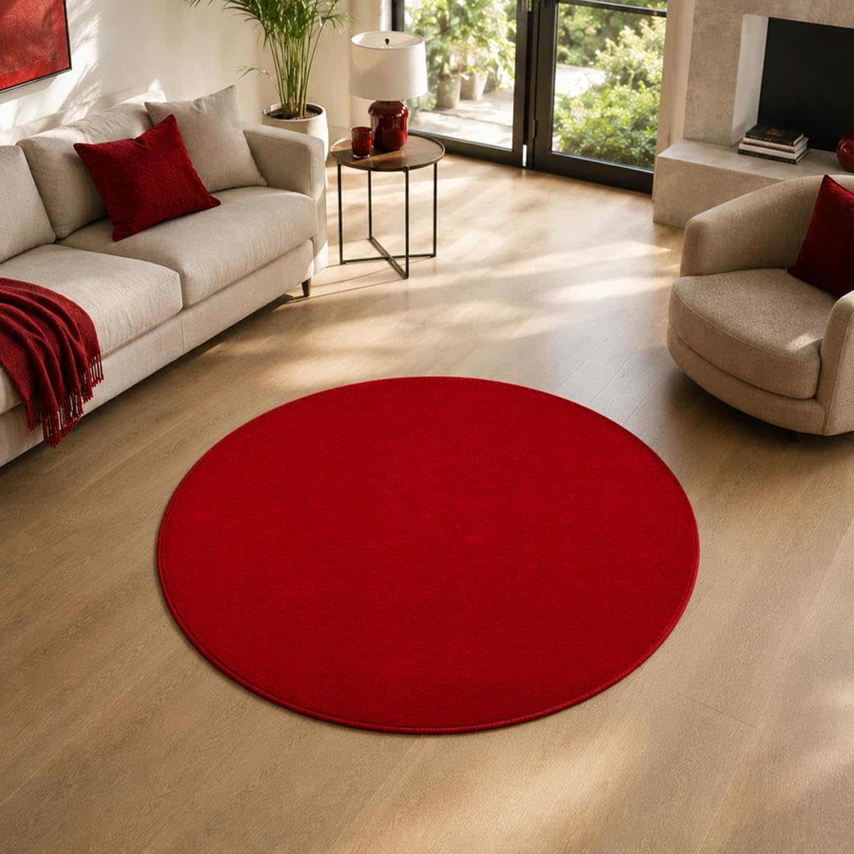 Tapis Rond Ø 120 Cm, Salle De Réception, Teinte Rouge, Motif Uni, Silhouette Circulaire Élégante, Tissé en Turquie, Poils Ras, 7534