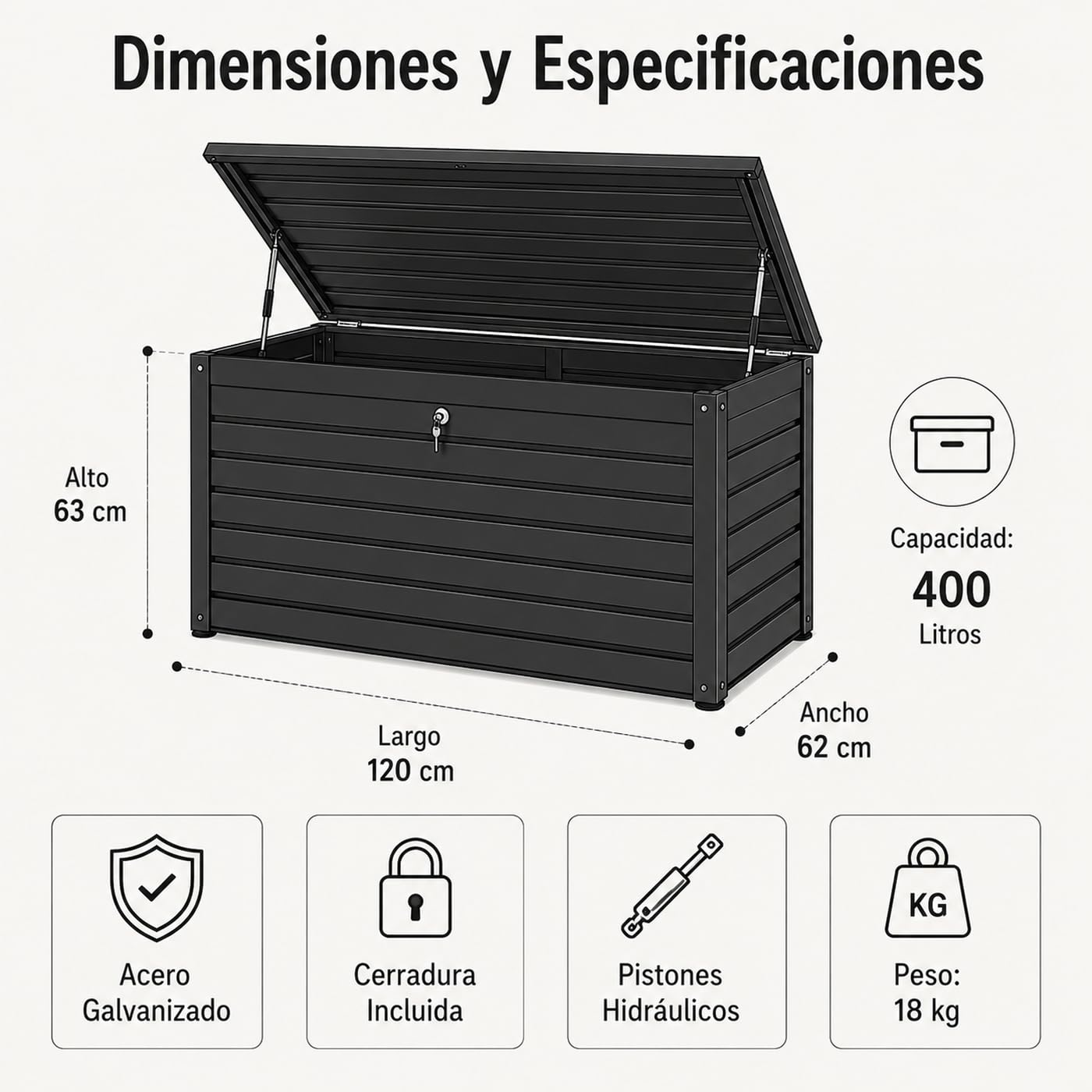 Arcón metálico Exterior 120 × 60 × 61 cm con Tapa hidráulica y Cerradura – Acero Resistente a la Intemperie, Base Antideslizante, Esquinas Antideslizantes, jardín terraza y balcón (Negro)