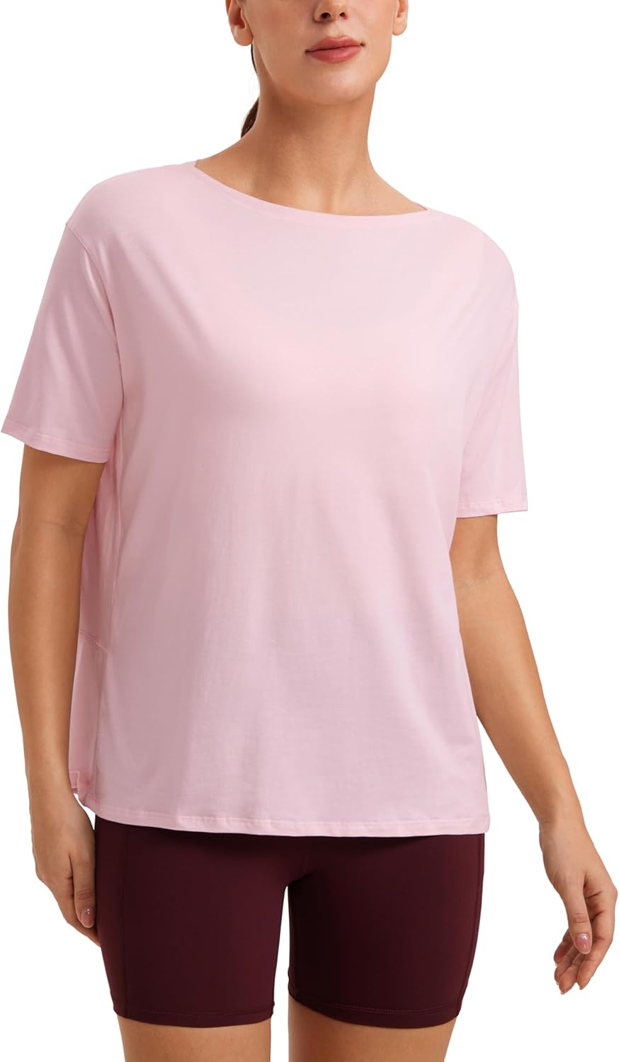 CRZ YOGA Women's Pima Cotton Short Sleeve Shirts Boat Neck Loose Fit Gym Workout T-Shirt Athletic Casual Tops