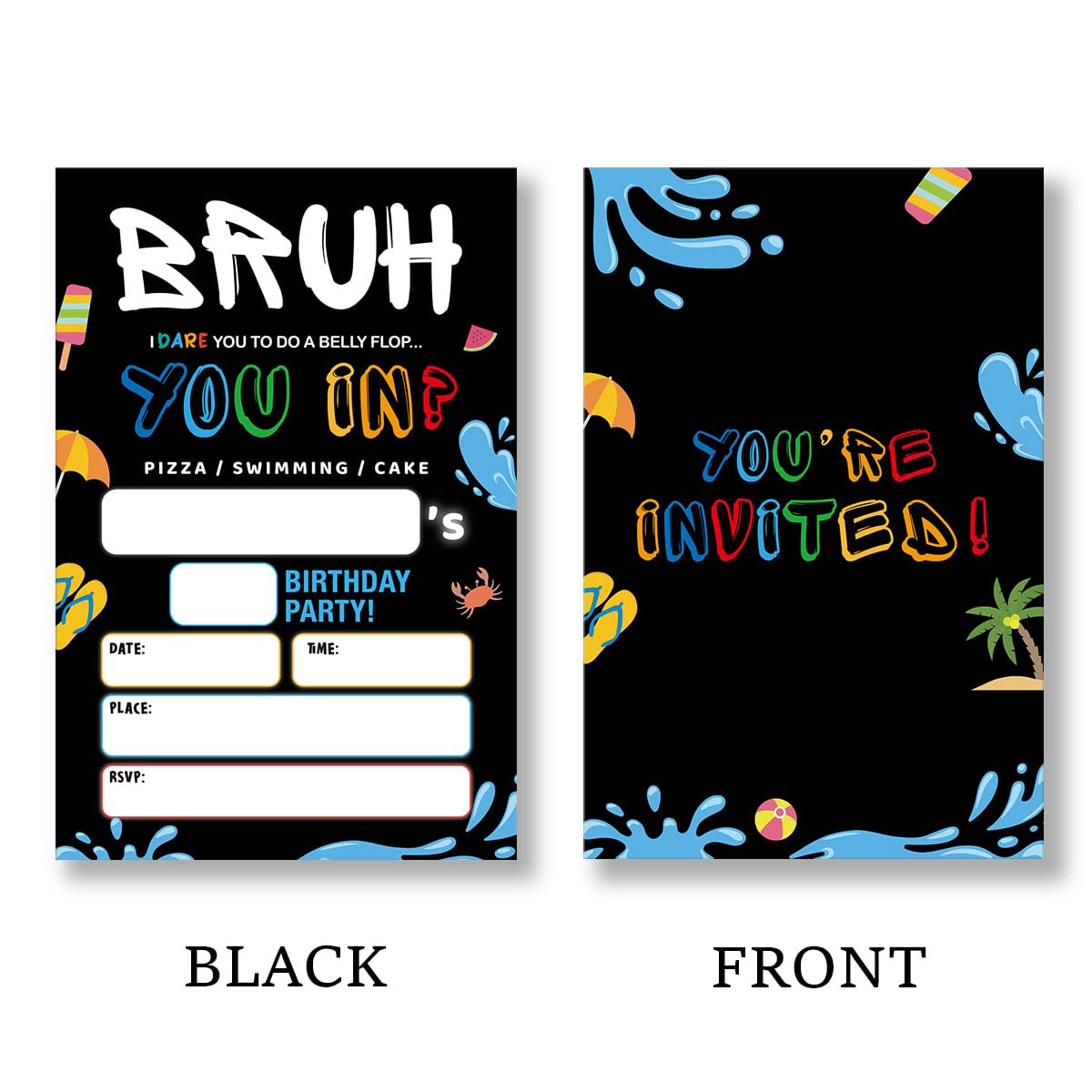 QZJ Bruh Pool Birthday Invitation Supplies with Envelopes Set of 20 Boy Birthday Party Invitations Fill in Blank, Double Sided