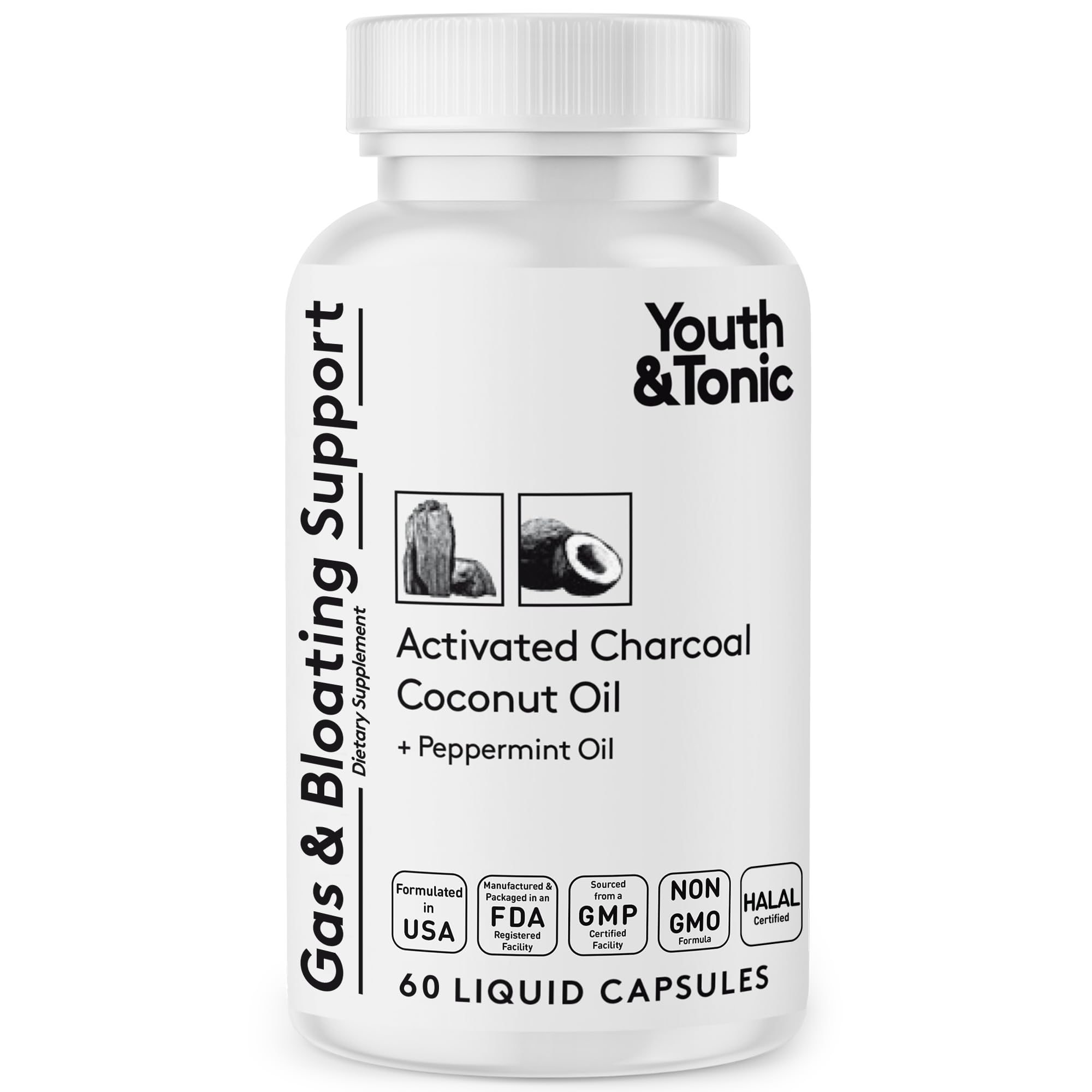 Activated Charcoal Pills for Bloating and Gas Relief to Soothe The Stomach and Digestive System Detox with Peppermint Organic Coconut Oil, for Men Women - 60 Liquid Capsules