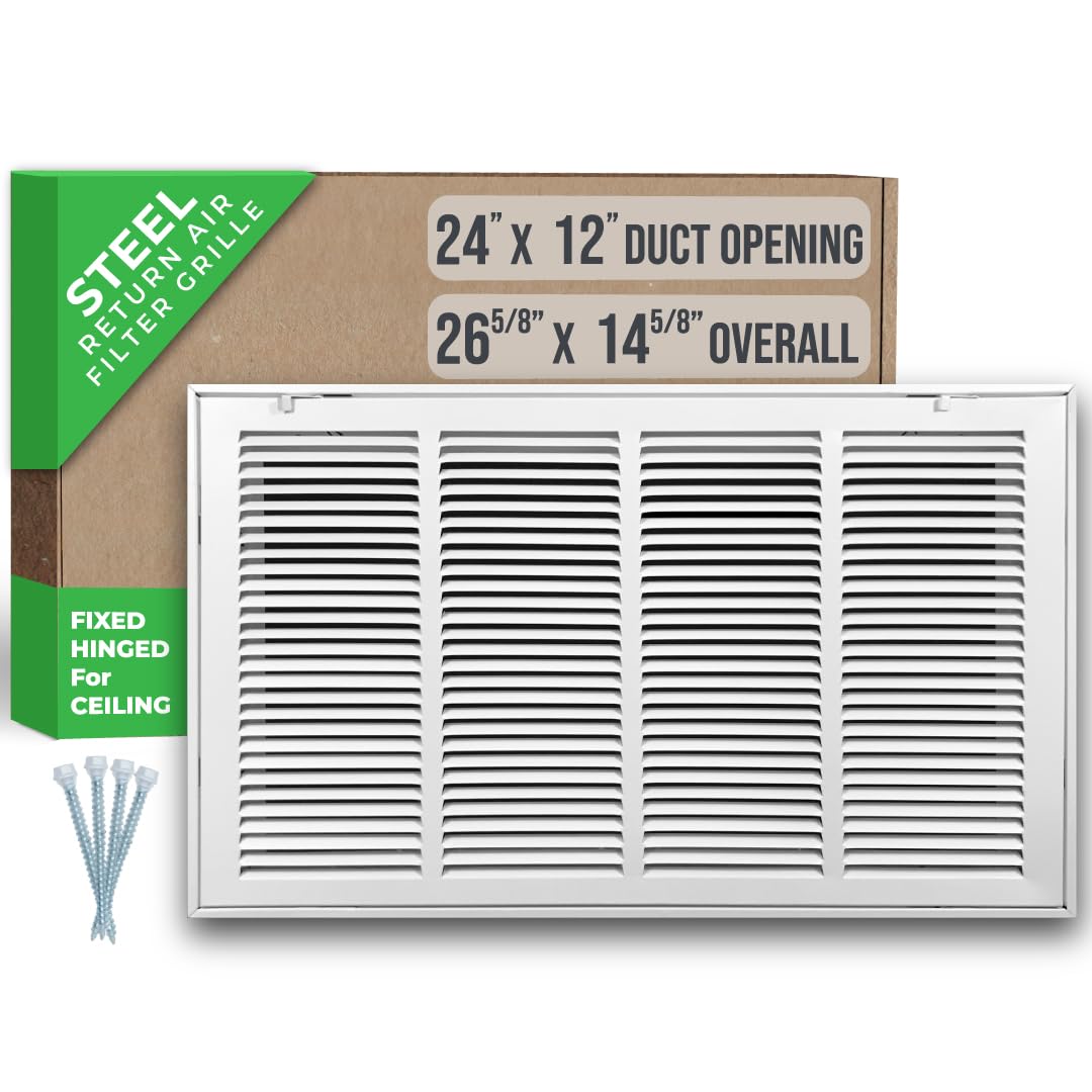 Handua 24"W x 12"H [Duct Opening Size] Steel Return Air Filter Grille [Fixed Hinged] for 1-inch Filters, Vent Cover Grill for Sidewall and Ceiling, White, Outer Dimensions: 26 5/8"W X 14 5/8"H
