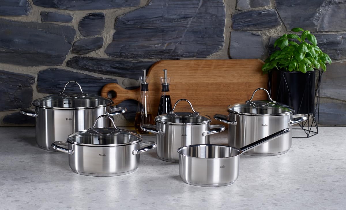Fissler Palermo 5-częściowy zestaw garnków ze stali nierdzewnej, ze szklaną pokrywką (3 garnki, 1 garnek do pieczenia, 1 rondel) – indukcja
