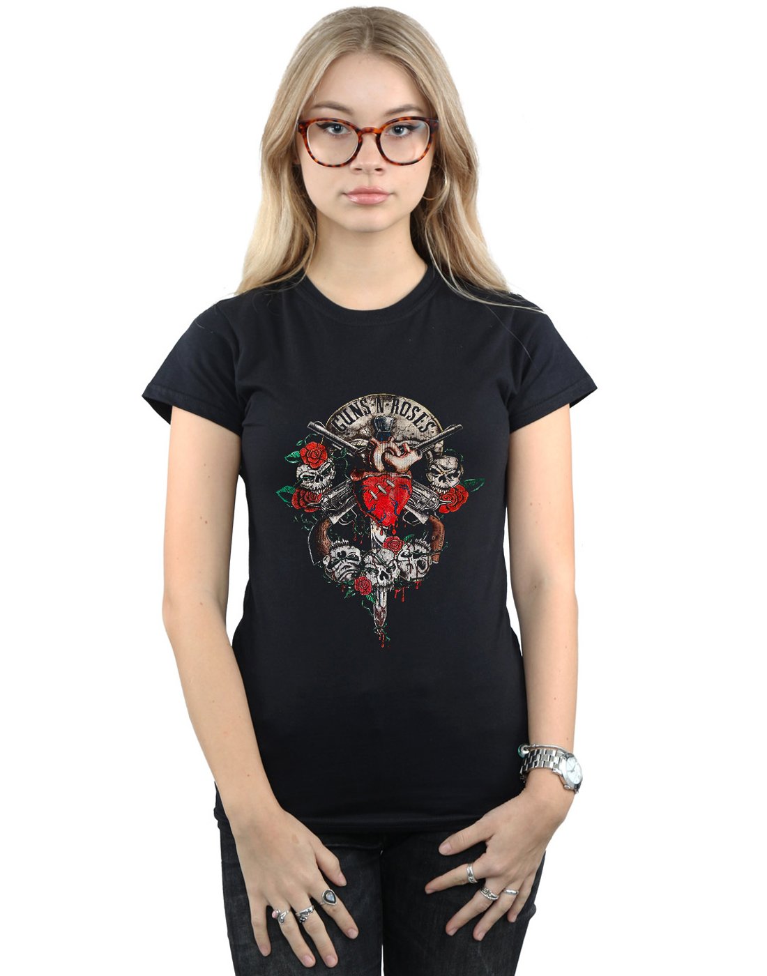 Absolute Cult Guns N Roses Women's Bleeding Heart T-Shirt Black Large