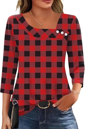 Kistore Womens 3/4 Sleeve Tops Ladies Blouses Asymmetrical Neck Tunic Shirts Women's Fashion Clothing S-2XL