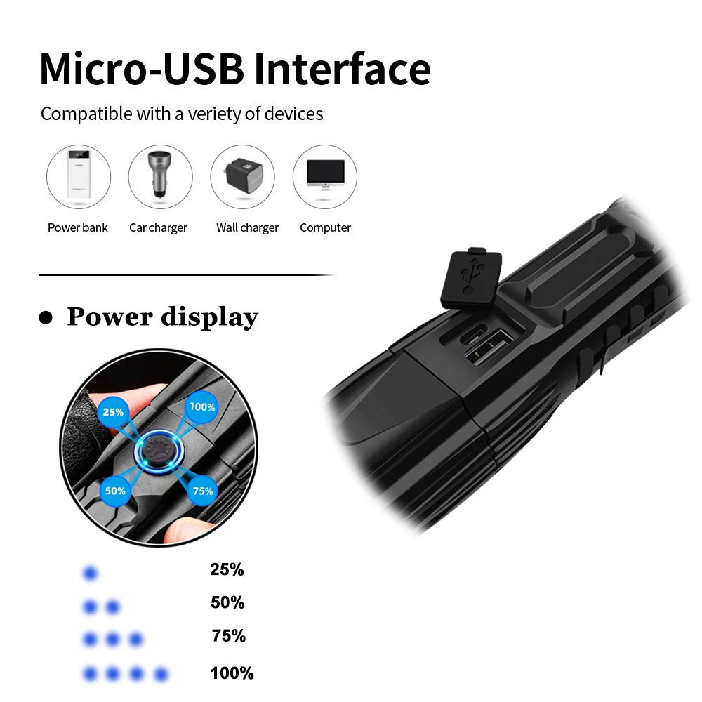 BAJIE Flashlight Super Bright Xhp90 Led Flashlight con Entrada USB y función de Salida 5 Modos Deslumbramiento Antorcha táctica Zoom Impermeable Luz Exterior