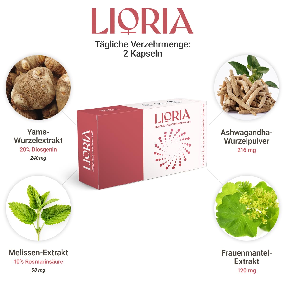 Lioria Wechseljahre Kapseln hochdosiert – Ashwagandha Yamswurzel vegan | Mit Eisen & B12 gegen Müdigkeit – Ashwagandha, Yamswurzel, Frauenmantel – vegan, laborgeprüft – 60 Kapseln, 30 Tage