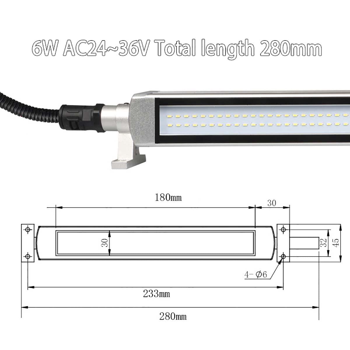 AC24-36V Przemysłowa lampa LED Tube IP68 Wodoodporna lampa robocza, przeciwwybuchowe oświetlenie sprzętu z podstawą obrotową 360°, do oświetlenia przemysłowego (rozmiar: 6 W)