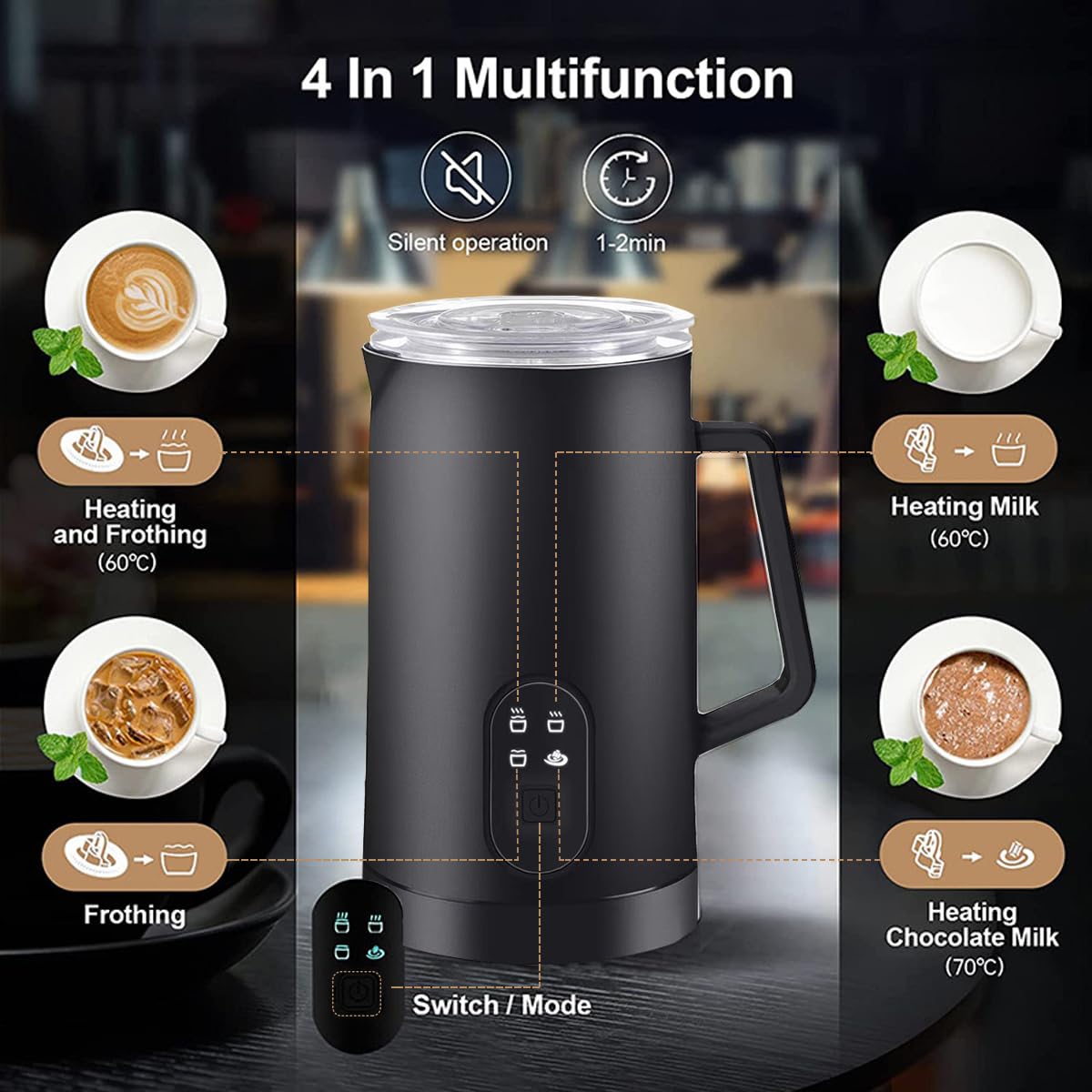 Elektrische melkopschuimer, 4-in-1 verwarmde melkopschuimer, 350 ml, roestvrijstalen splitschuimer, met temperatuurregeling, nauwkeurige schaal, stille werking, geschikt voor koffie, latte, cappuccino