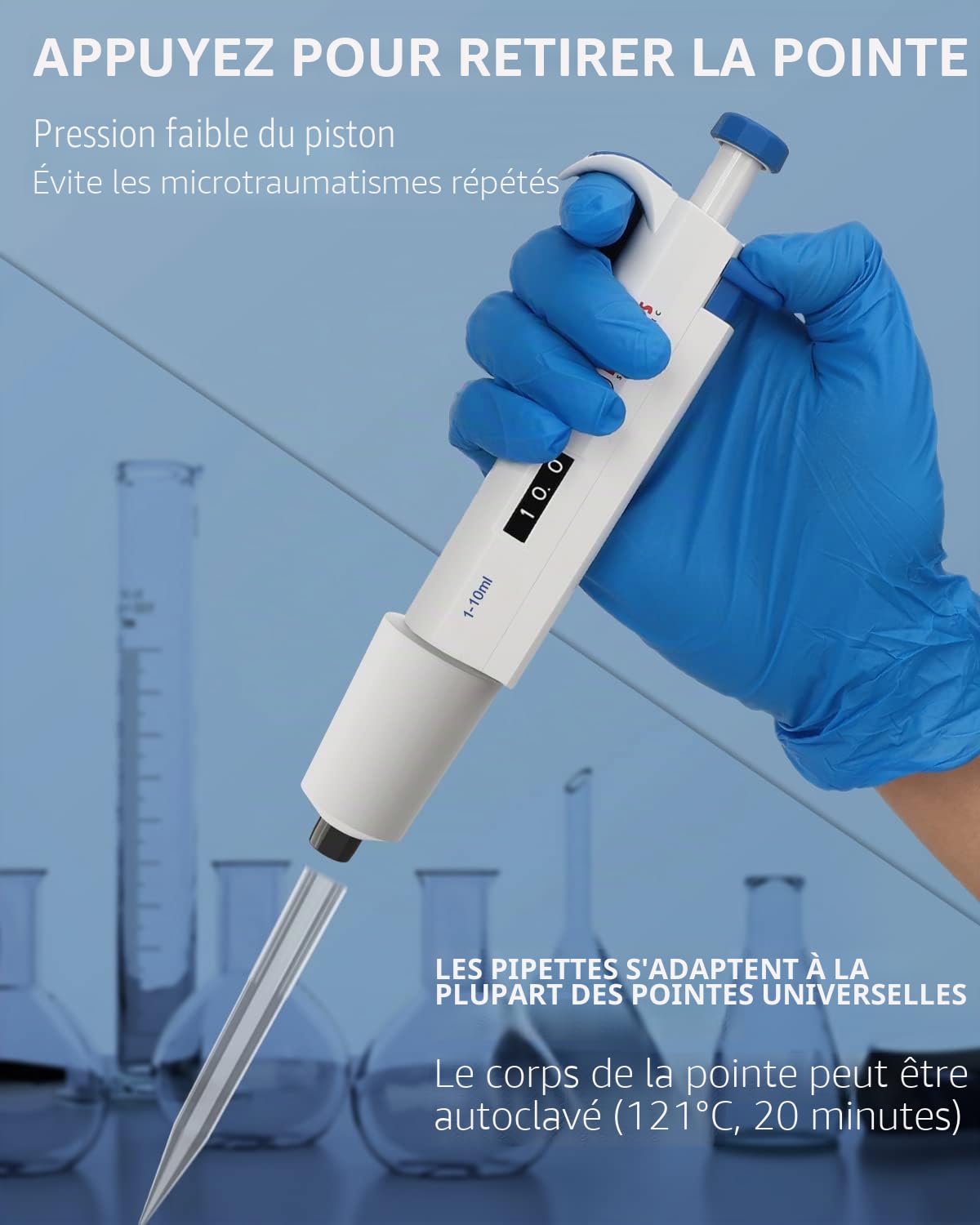 1-10ml Pipettes à simple canal de laboratoire Micropipette Pipette de laboratoire Incrément 100µl ISO8655