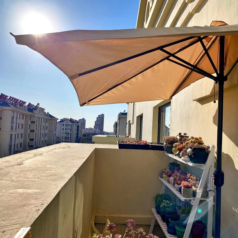 Balkon halve parasol met basis, eenvoudige zwengel, hoogte 225 cm/245 cm, rechthoekige markt, tuin, muurparaplu, Kaki, 200x100cm