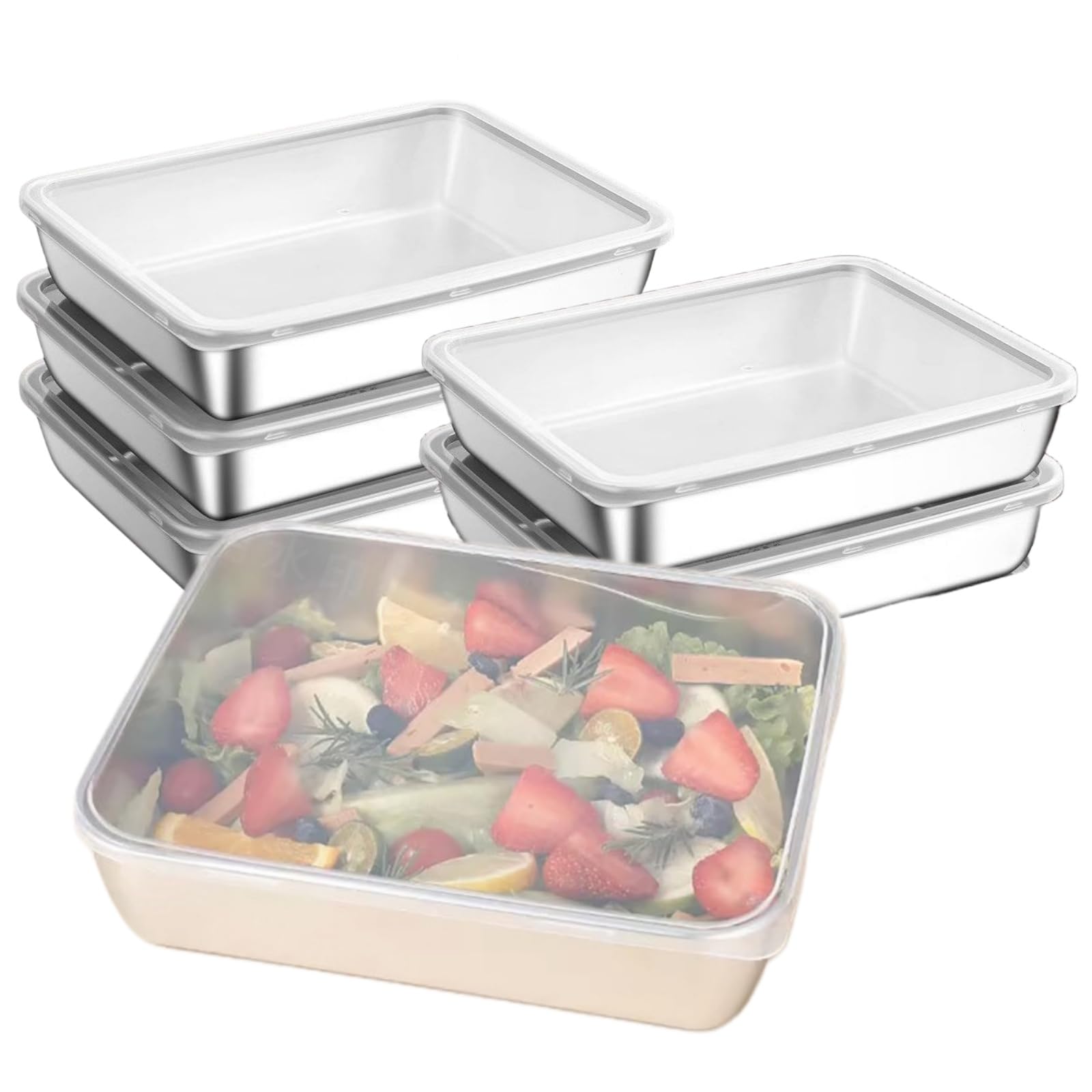 6 contenitori per alimenti con coperchio, in acciaio inox, per congelatore, con coperchi ermetici, adatti per forno e lavastoviglie (2200 ml)