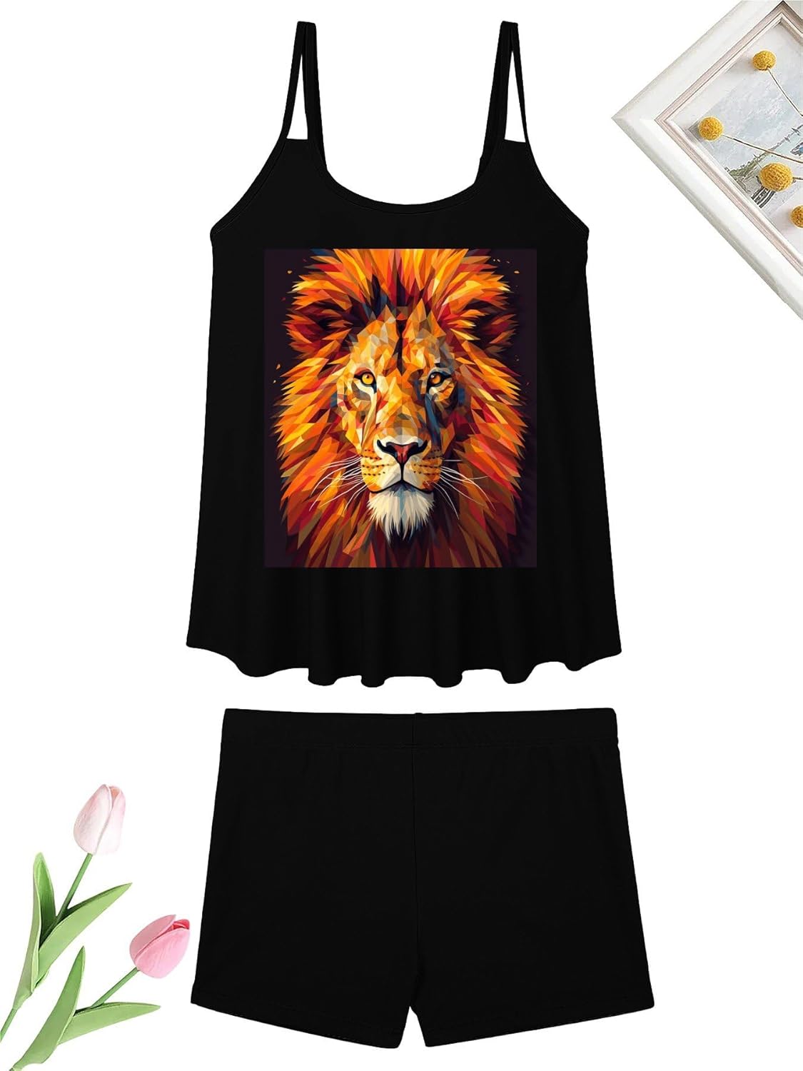 Yellow Lion Head Tankini Swimsuits for Women Tummy Control Two Piece Bathing Suits Swim Tops with Boy Shorts