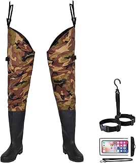 Fishing Hip Waders for Men Women with Boots Waterproof Lightweight 2-Ply PVC/Nylon Bootfoot Cleated Hip Boots Wader for Fishing Hunting (Camo, 9)
