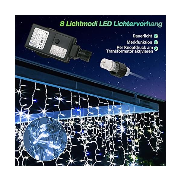 Led Lichterkette Eisregen Außen 400 LEDs Lichterkette 10m Lichtervorhang IP44 wasserdicht 8 Betriebsarten für… – Bild 4