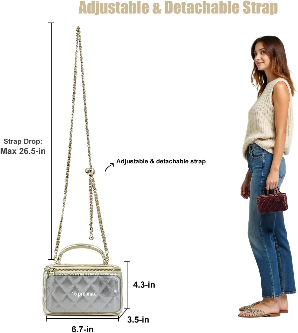 Small Genuine Leather Purse Quilted Crossbody Bag for Women, Mini Top-Handle Shoulder Handbag w/Gold Chain Strap - Image 2