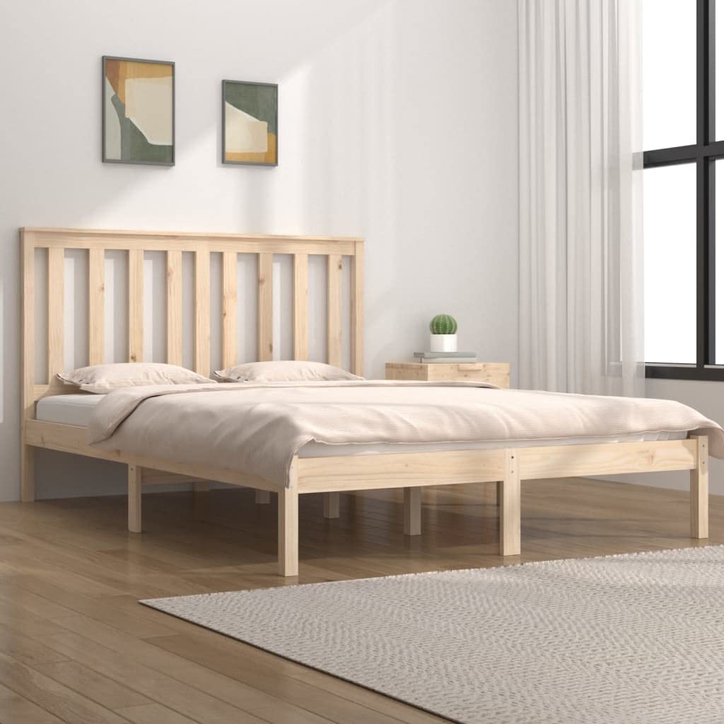 Lite sosnowe drewno klasyczna rustykalna brąz 135x190 cm | Rama łóżka lite drewno sosnowe 135x190 cm podwójna stabilna drewniana rama z wezgłowiem