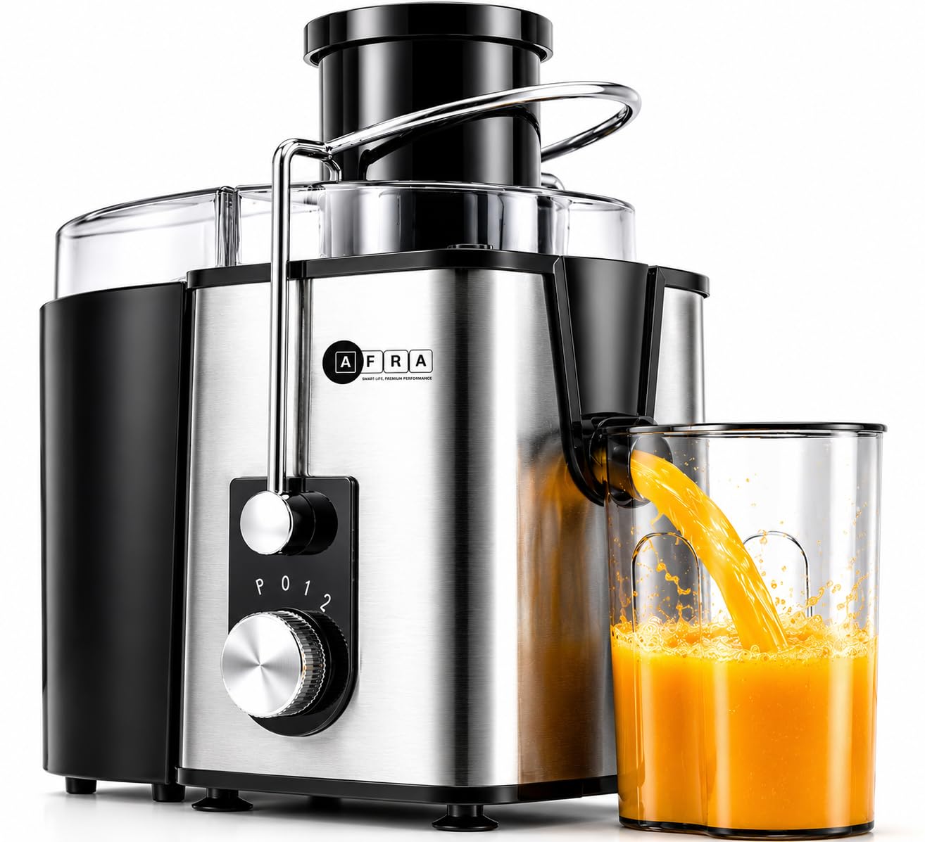 AFRA Presse-agrumes centrifuge 400 W – Extracteur électrique de jus de fruits et légumes avec 2 vitesses et impulsion, goulotte d'alimentation de 65 mm, récipient à pulpe de 1 l, pichet à jus de 550