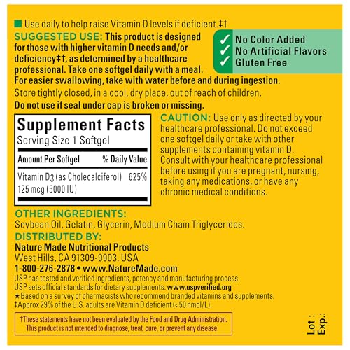 Nature Made Vitamin D3 5000 IU (125 mcg), 90 Vitamin D Softgels - image 7