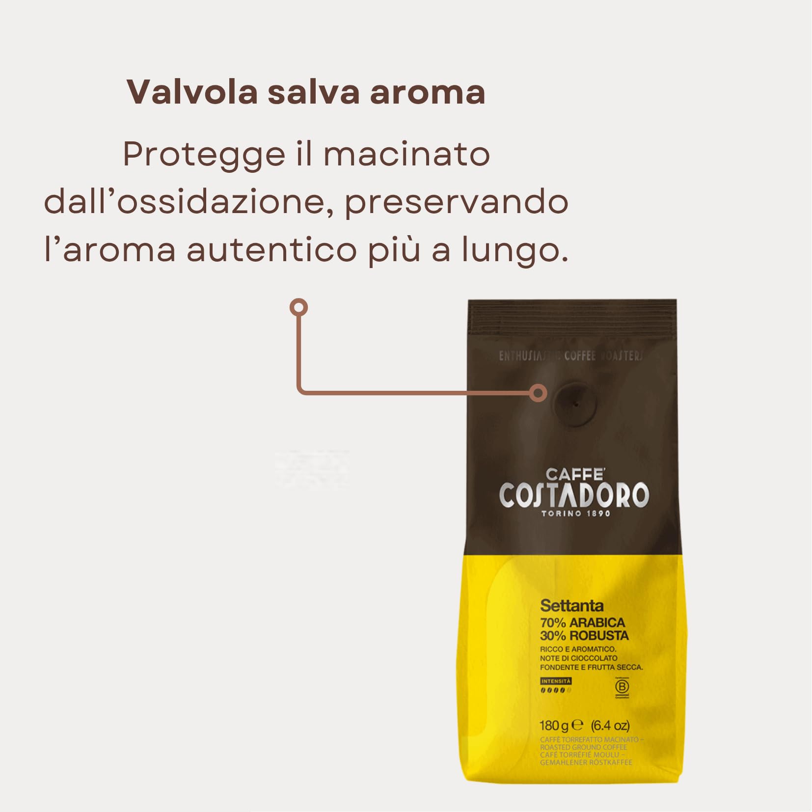 Costadoro Cento, kawa mielona do kawiarki moka, mieszanka 100% Arabica, 12 saszetek po 180 g każda, smak delikatny i zrównoważony, Włoska jakość