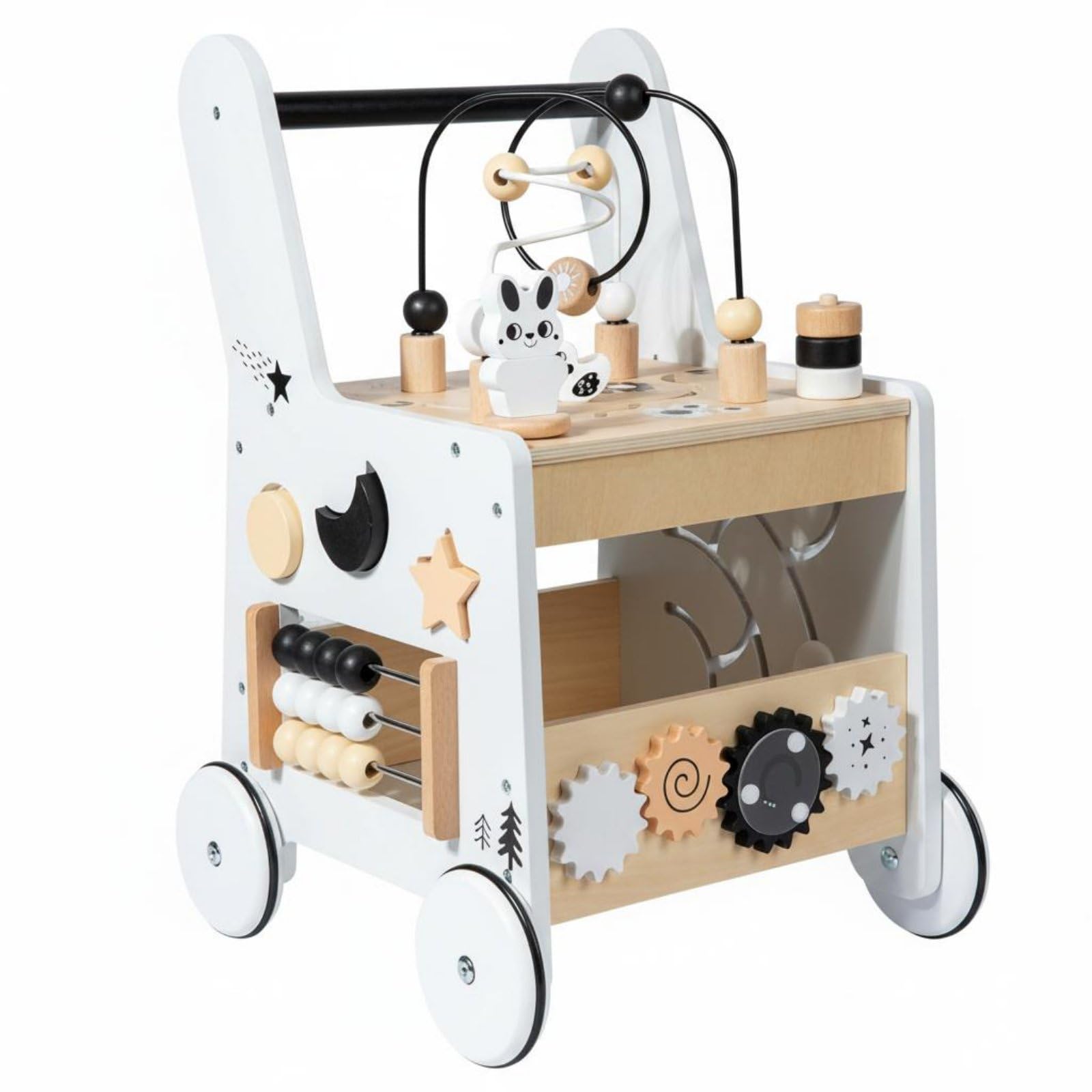 Lernwagen Kinder Lauflernwagen Aktivitätswagen Spielwagen Holz Lernspielzeug Motorikbrett mit Griff Stabile Räder Formensortierer Texturen Förderung