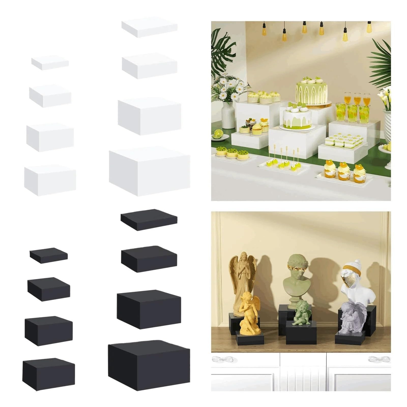 Elevador de buffet 8 piezas de caja exhibición cubos elevadores buffet, soportes anidados for alimentos, pasteles, postres, for(Black)