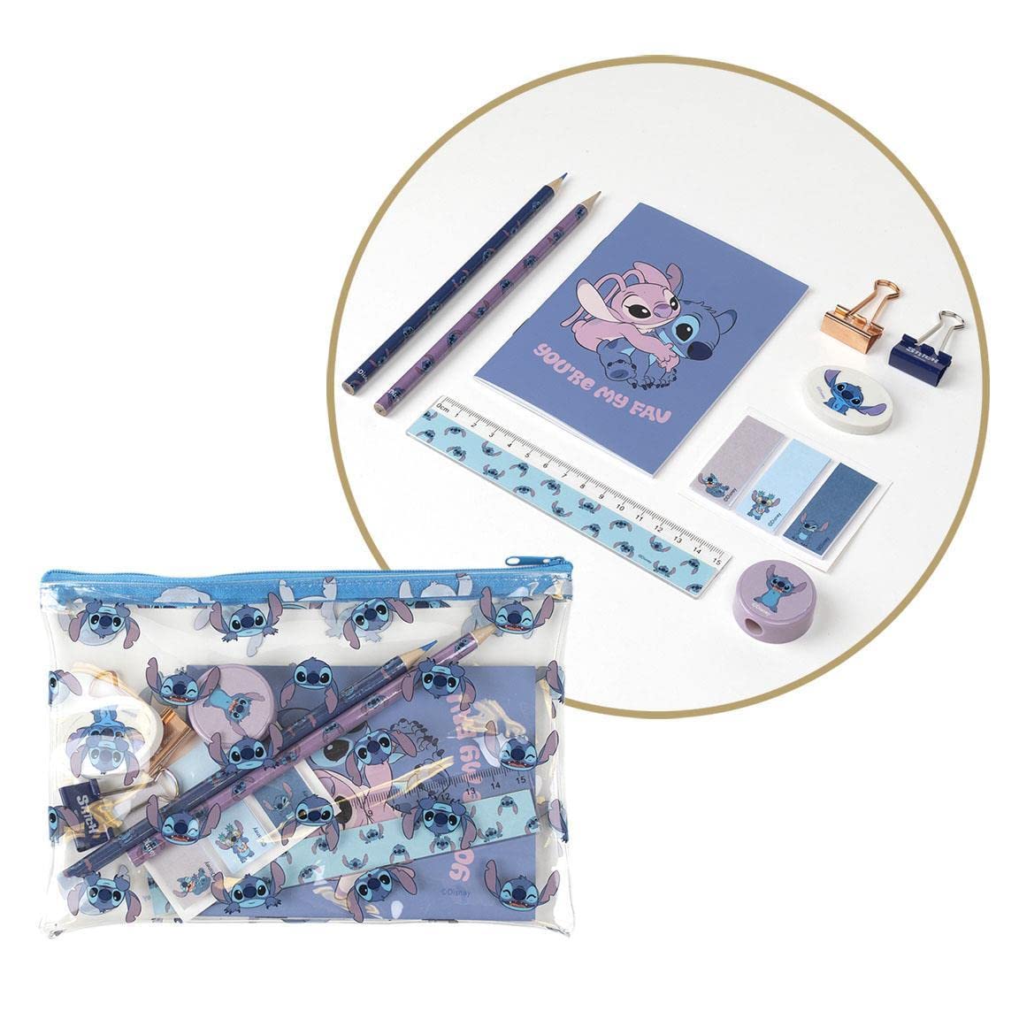 CERDÁ LIFE'S LITTLE MOMENTS - Set Papeleria Escolar Stitch Incluye Estuche Transparente 27 x 14 cm, Cuaderno A6, Lapiz, Lapiz de Color, Sacapuntas, Goma, Regla, Notas Adhesivas y 2 Clips Metálicos