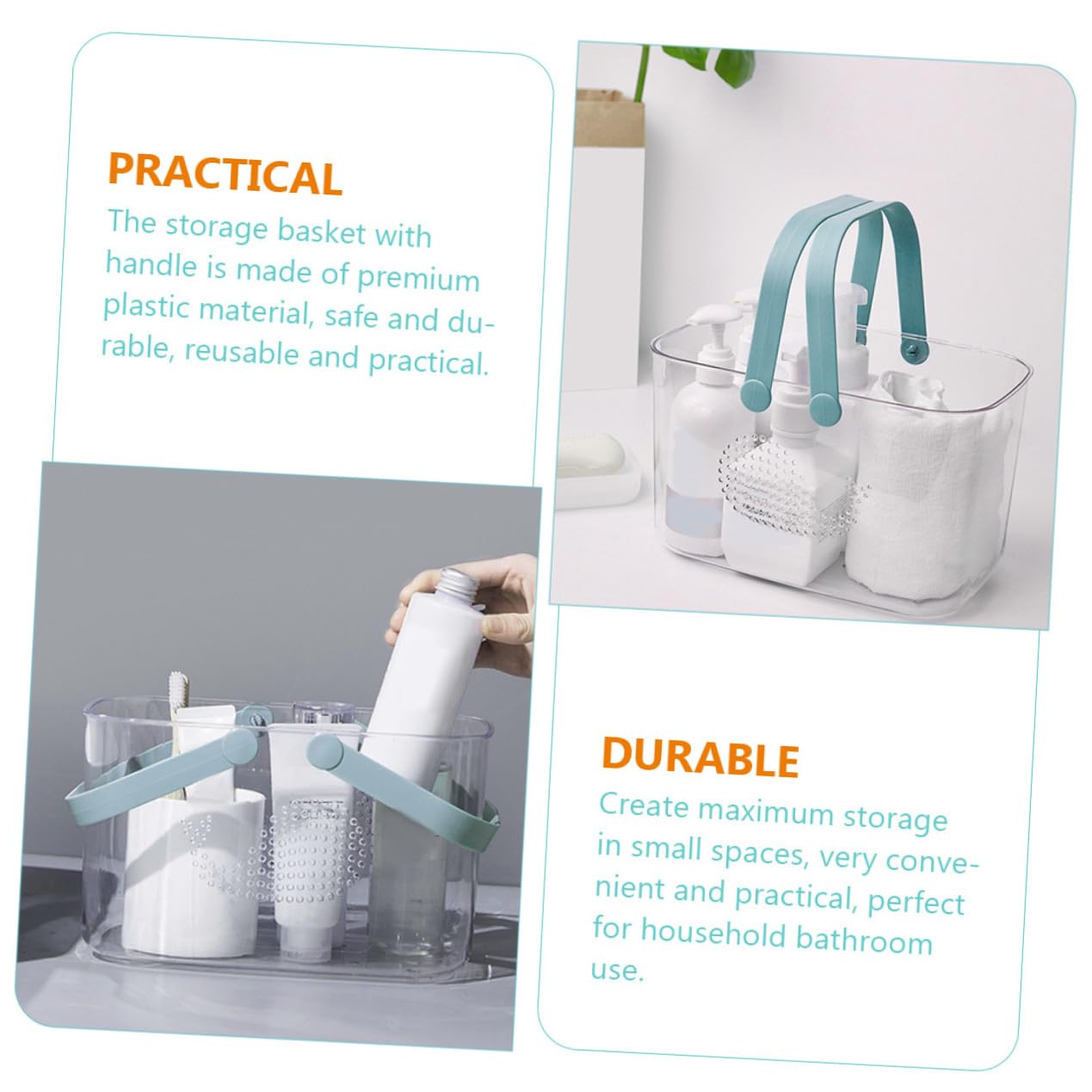 Cesta de Ducha Portátil Azul Transparente, Cesta de Plástico con Asa y Drenaje, Organizador de Baño Multifuncional para Almacenamiento y Uso en Ducha, Hogar o Viaje