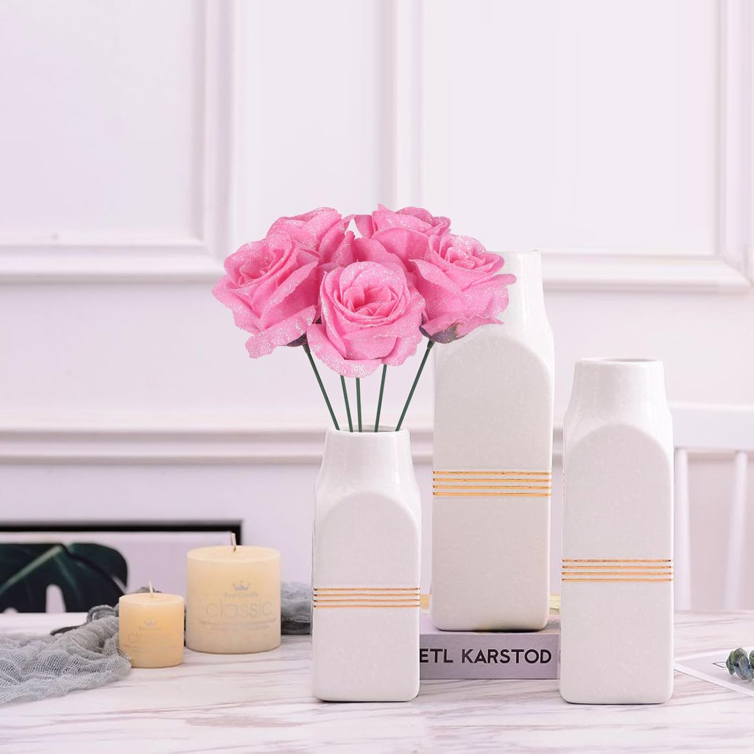 Artificial Roses,30PCS Fake Pink Glitter Roses Bouquet Bling Flowers for DIY Crafts Wedding Bouquet Party Home Decor(Pink) - Image 5