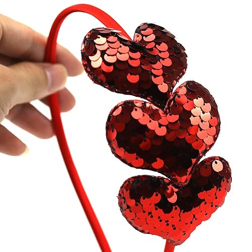 Miniatura 2 de Diadema de corazón con lentejuelas rojas banda de amor con purpurina en forma de corazón aro para el cabello para mujeres y niñas accesorios para el