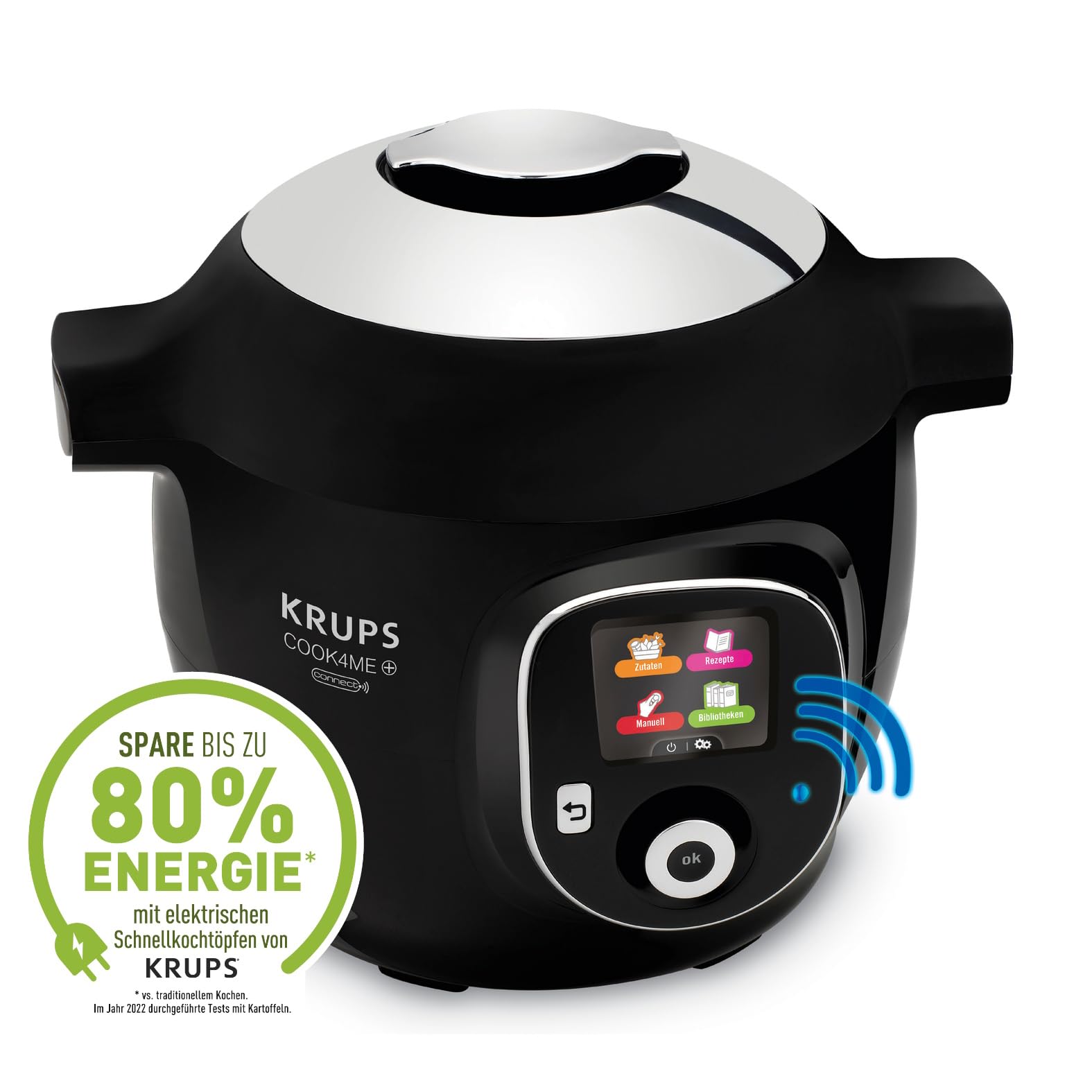 Krups CZ7158 Cook4Me+ Connect Multikocher | 1600 Watt | elektrischer Schnellkochtopf | inkl. kostenlose App | Bluetooth Steuerung | 4 Liter Fassungsvermögen | schwarz/grau