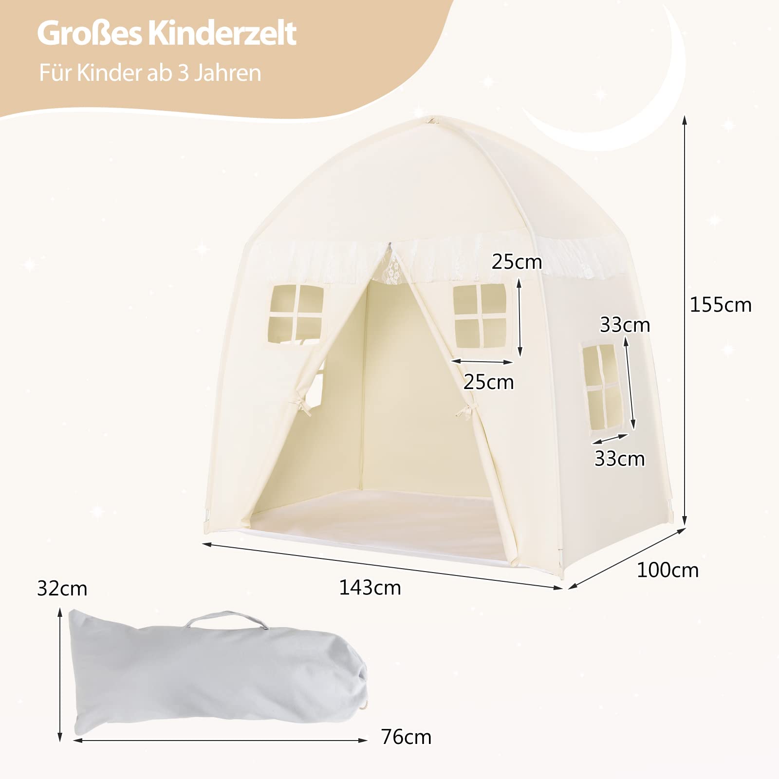 COSTWAY 143 x 100 x 155 cm Spielhaus für 2-3 Kinder, Prinzessin Prinzess Kinderzelt, Kinderspielzelt mit Fenstern und doppeltem Vorhang, Spielzelt In- & Outdoor (Beige)