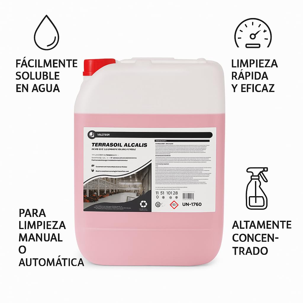 Terrasoil Alcalis – Desengrasante Industrial Alcalino Concentrado 25L | Limpieza Profesional de Suelos, Talleres y Máquinas Fregadoras | Elimina Grasas, Aceites y Residuos Difíciles