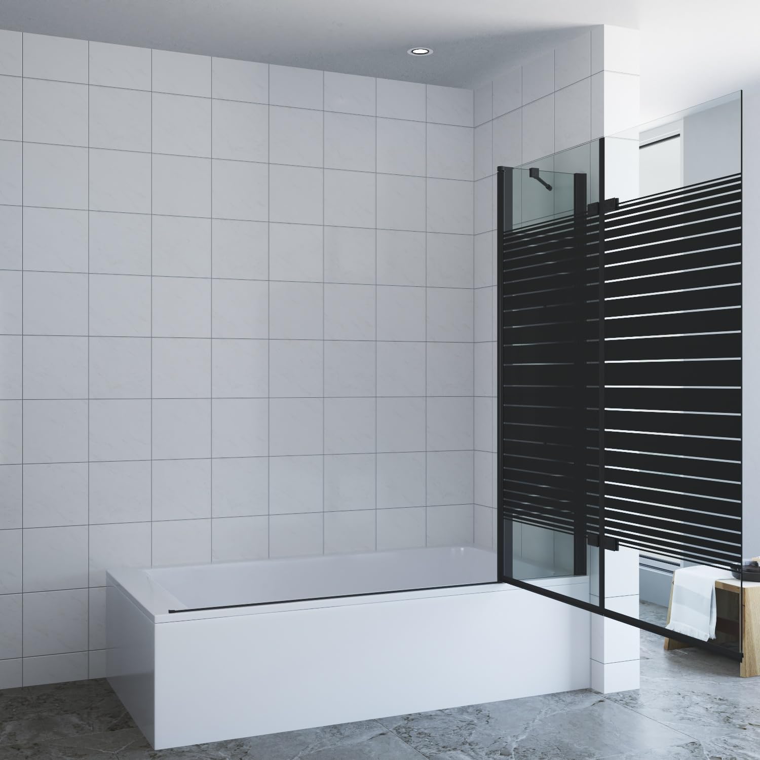 Duschabtrennung Badewanne schwarz 150 x 140 cm Badewannenaufsatz 3 Teilig faltbar Duschtrennwand Faltwand Badewannenfaltwand Duschwand Glas Dusche Festteil mit Eckregale 5 mm Sicherheitsglas ESG NANO