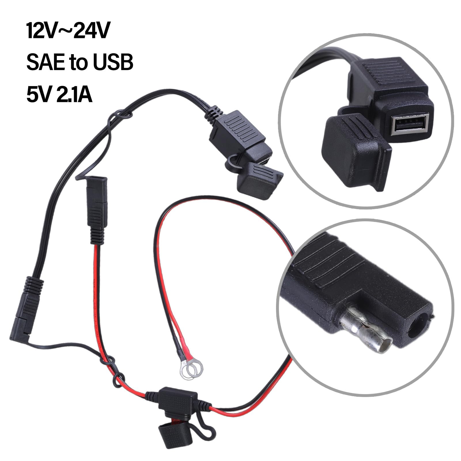 USB Adapter 2.1Amp Car and Motorcycle Charging Set with Long Extension Cable for Phone Tablets Black