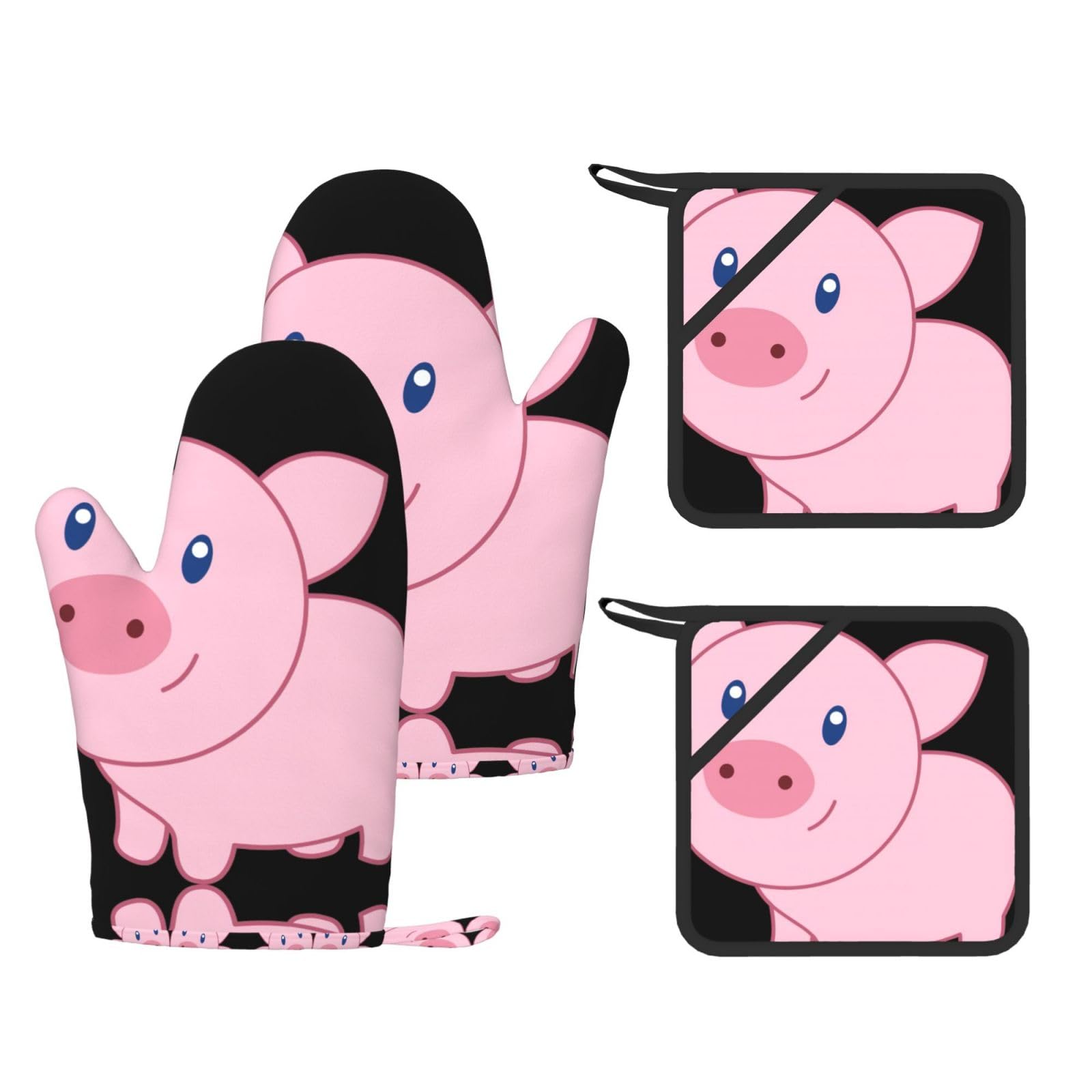 Cute Pig Printed Oven Mitts with Pocket and Hot Pads, Silicone Non-Slip Kitchen Gloves for Baking BBQ