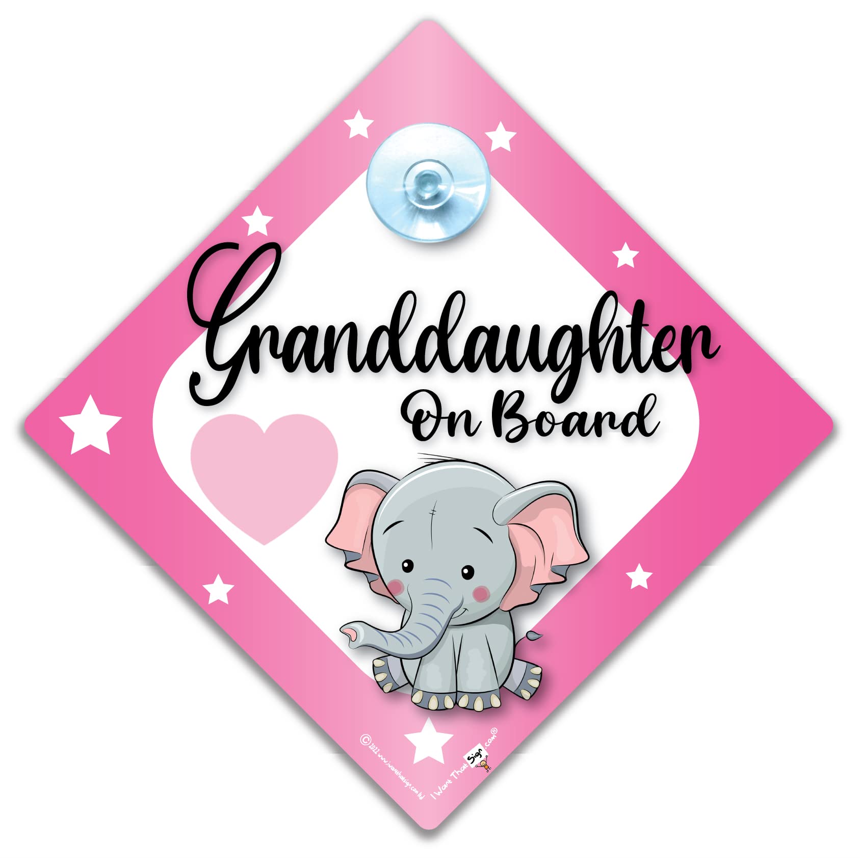 Iwantthatsign.com Pink Granddaughter On Board Sign Elephant, Baby On Board Sign, Grandchild On Board Car Window Sign, Advisory Car Sign To Let Other Road Users A Child Is In The Car, 14 Cm X 14Cm X 2Cm