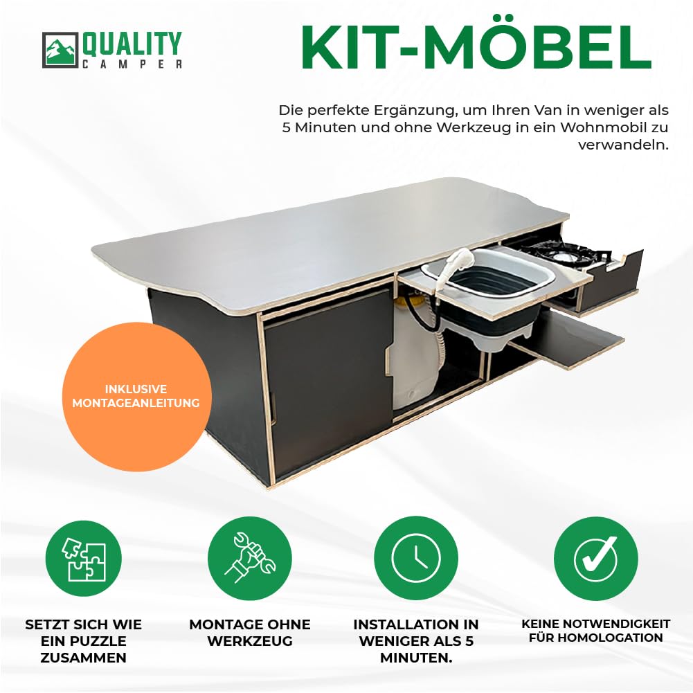 Campingbox für Van/Bus VW Multivan und California T5, T6, T6.1 inkl. Zubehör (Campingküche, Sitzplätze) und Matratze, Kit Campinboxen Abnehmbar Camper-Möbel-Set