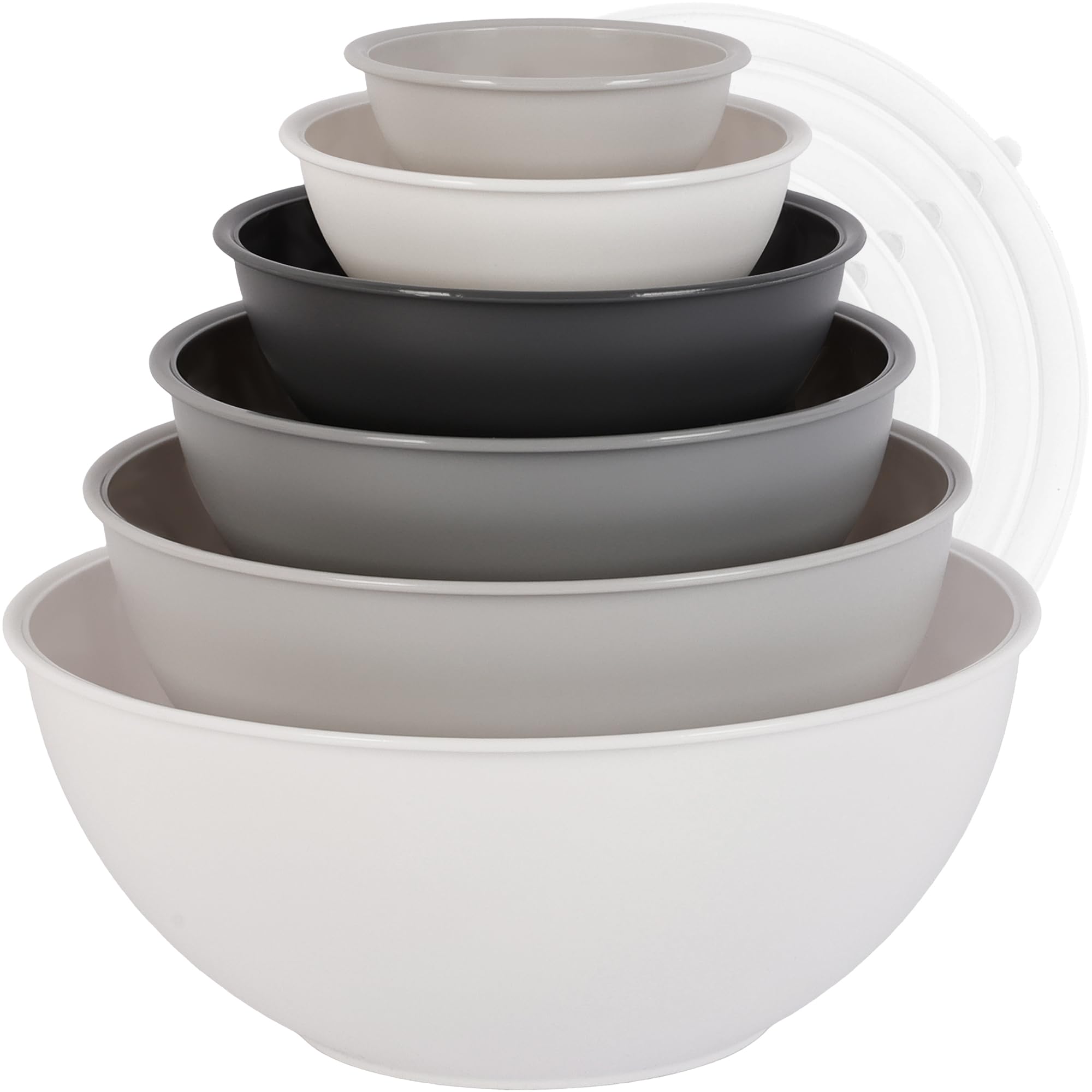 BoxedHome 12-teiliges Salatschüssel mit Deckel aus BPA-freiem Kunststoff, Weiß - Stapelbare Rührschüssel Set, Wiederverwendbare, Spülmaschinenfest, Ideal für Camping, Picknicks, Backen und Kochen