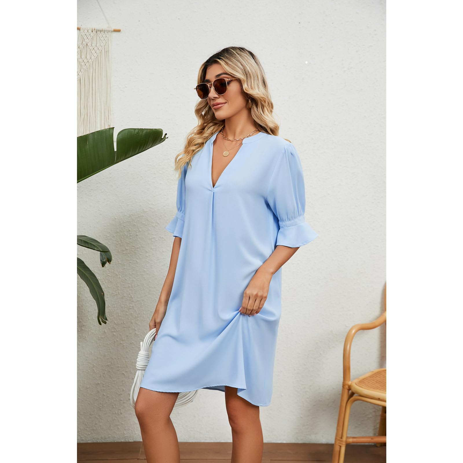 Vestidos de Verano Vestidos de Manga Corta de Cuello V de Verano para Mujeres Vestidos de Playa Larga Relajados Y Elegantes, HUTALIM, Azul cielo, s