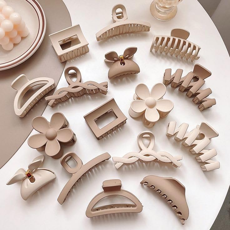 APOLLINE INDIA® 6 Pcs Set Elegent Big Hair Clamp, Small Medium Large for Women Thick Long Hair Curls, Korean Style Floral & twist, Zigzag, Milk Coffee Color 6 pattern claw