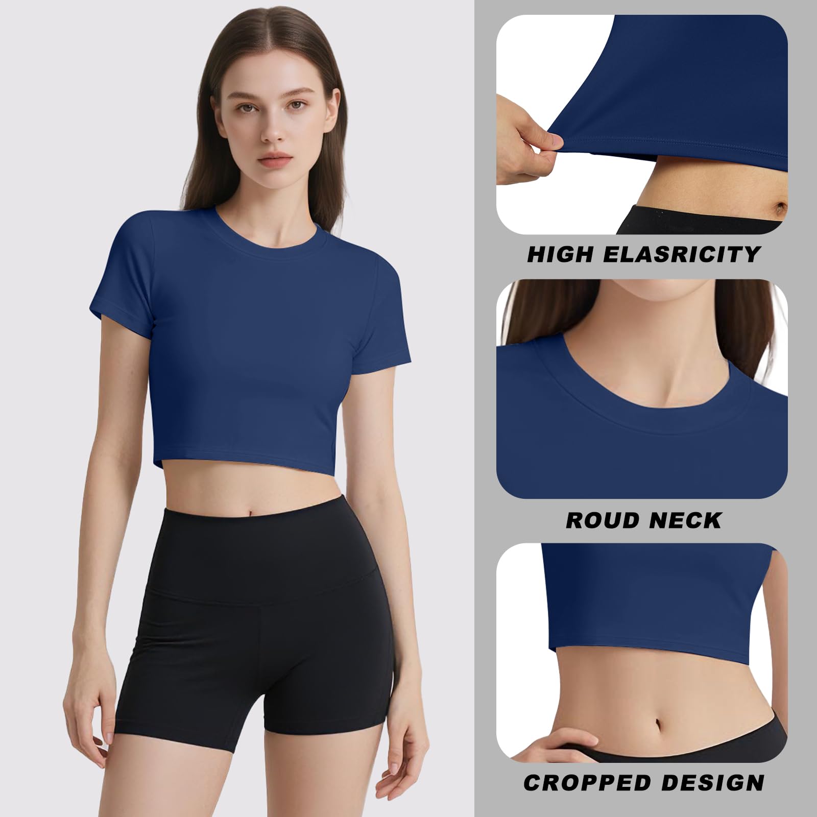 Coume Lot de 4 hauts courts de compression à séchage rapide pour femme - T-shirt à manches courtes et col rond - T-shirt de yoga basique