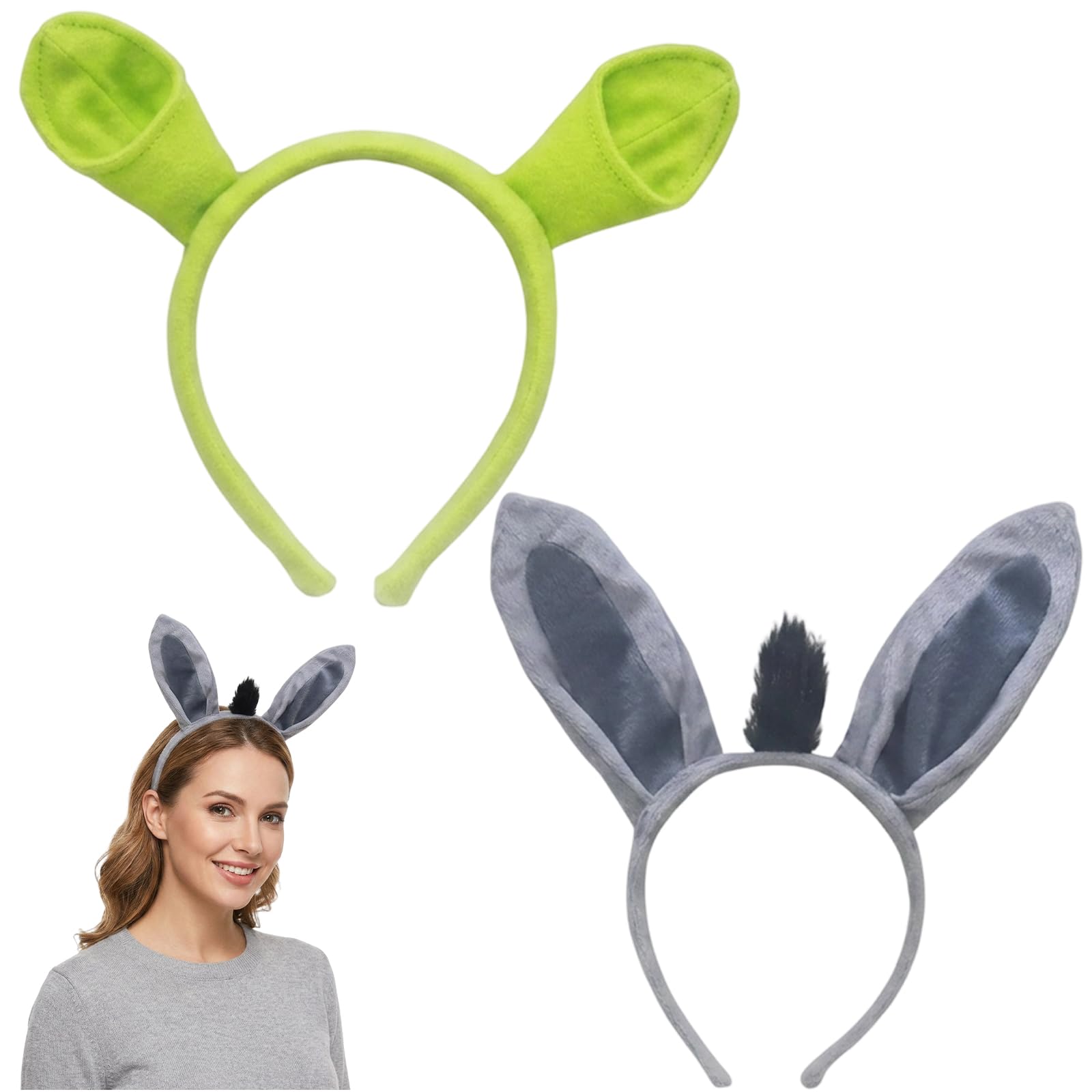 2 Pcs Donkey Ears Headband, Plush Donkey Ears for Costume Parties, Theatrical Performances and Cosplay Events, Funny Animal Ears Headband with Green Headband Design